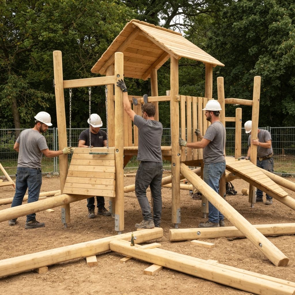 Equipo de trabajo construyendo un parque infantil