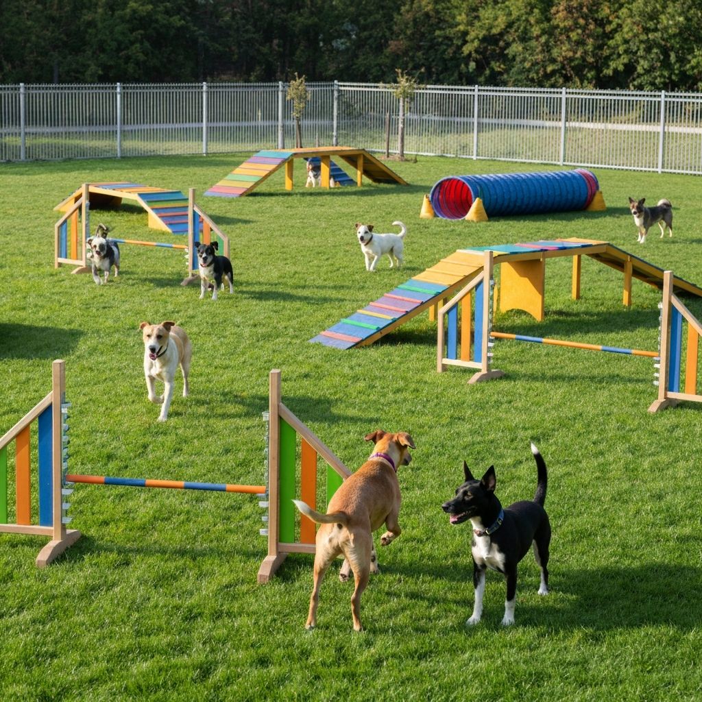 Parque de mascotas con circuito de agilidad